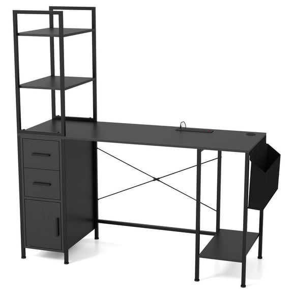 Resenkos Office Computer Desk with LED Lights, Power Outlets, and Open Shelves - Black