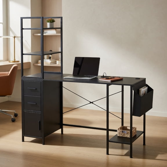 Resenkos Office Computer Desk with LED Lights, Power Outlets, and Open Shelves - Black