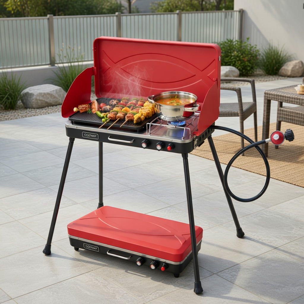 Resenkos Outdoor Barbecues Grill,2-in-1 Gas Camping Grill and Stove with 4 Detachable Legs-Red