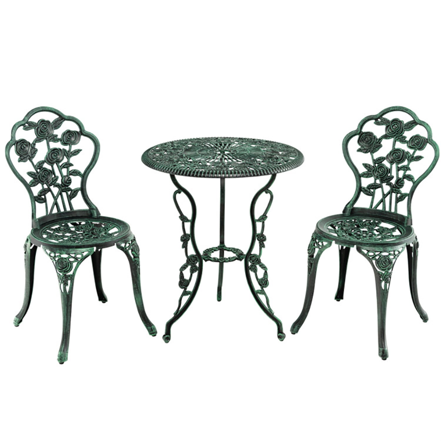 Resenkos Outdoor Cast Aluminum Patio Furniture Set with Rose Design, 3 Pieces Patio Furniture Set, Lounge Chairs Table Set,Green