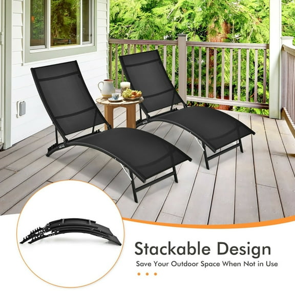Resenkos Outdoor Chaise Lounge Chair, 2 Pieces Patio Folding and Stackable Chaise Lounge Chair with 5-Position Adjustment-Black, Portable Recliner for Lawn Garden Beach Yard