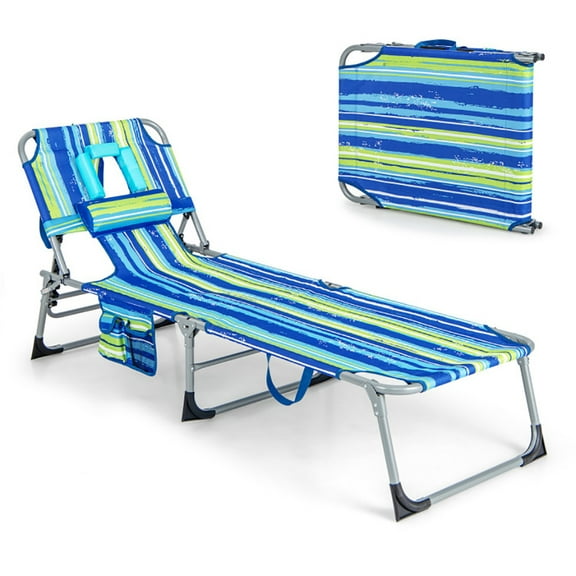 Resenkos Outdoor Chaise Lounge Chair, Folding Beach Lounge Chair with Pillow for Outdoor-Blue & Green, Portable Recliner for Lawn Garden Beach Yard