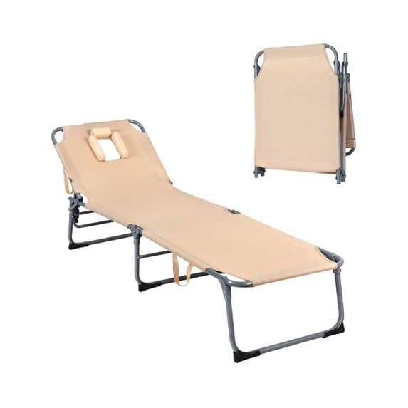 Resenkos Outdoor Chaise Lounge Chair, Folding Chaise Lounge Chair with Face Hole for Beach-Beige, Portable Recliner for Lawn Garden Beach Yard