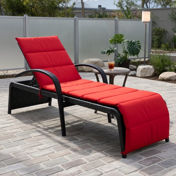 Resenkos Outdoor Chaise Lounge Chair, Patio Rattan Lounge Chair Back Adjustable Chaise Recliner, Portable Recliner for Lawn Garden Beach Yard, Red