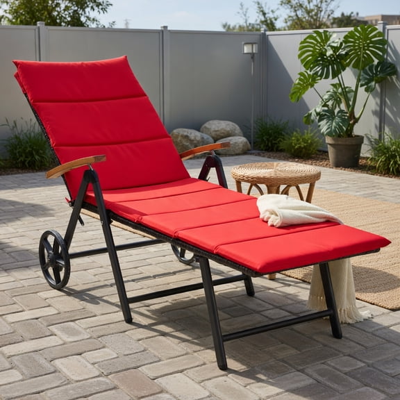Resenkos Outdoor Chaise Lounge Chair, Rattan Lounger Recliner Chair Back Adjustable Chaise Recliner, Portable Recliner for Lawn Garden Beach Yard, Red