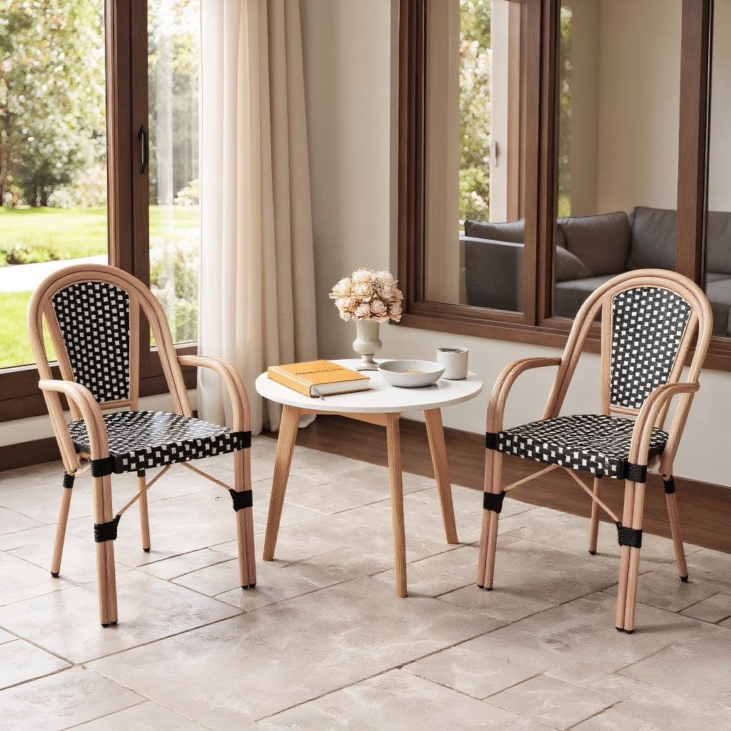 Resenkos Outdoor Dining Room Chairs, Patio Kitchen Chairs,Hand-Woven PE Wicker Outdoor French Bistro Chairs Set of 2-Black