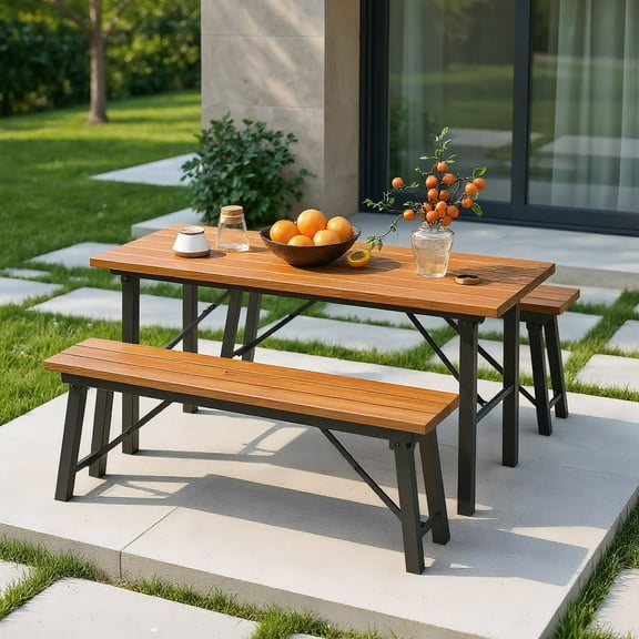 Resenkos Outdoor Dining Table and Bench Set with Acacia Wood Top for Yard Garden Poolside for Patio Back Deck, Balcany, Poolside