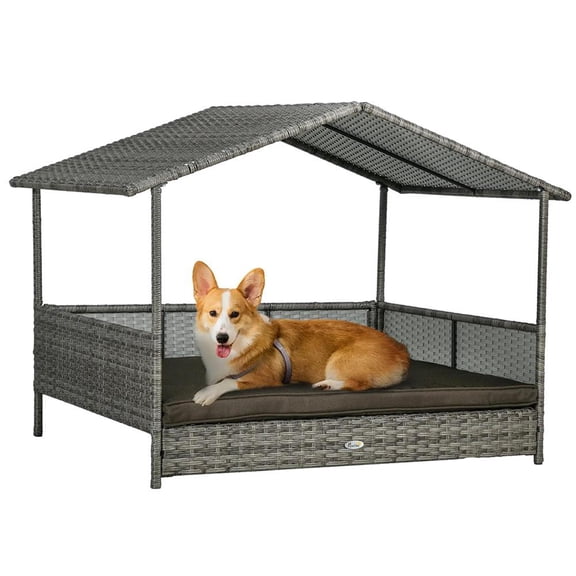 Resenkos Outdoor Dog Bed with Canopy, Rattan Dog Bed with Soft Cushion Removable Cover for Medium and Large Dogs, Charcoal Gray