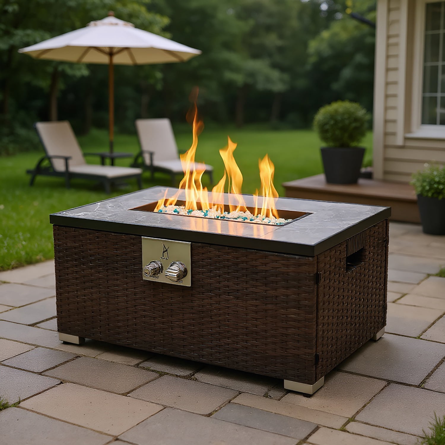 Resenkos Outdoor Fire Table Propane Fire Pit Rattan Gas Fire Table, Gas ...
