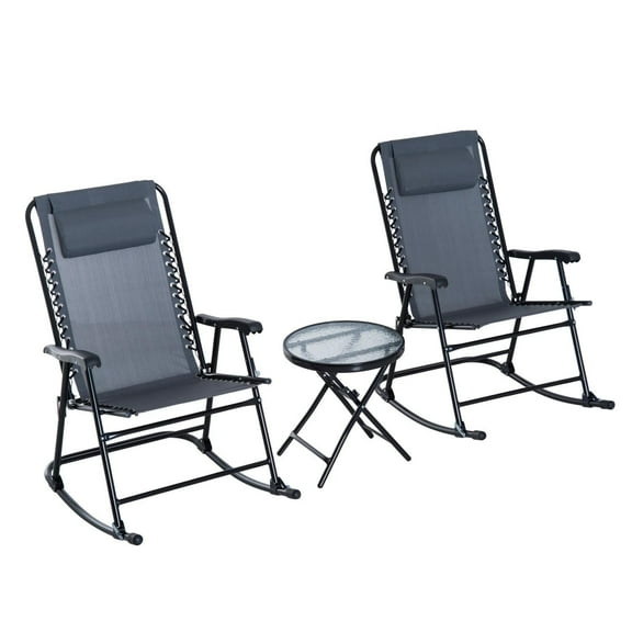 Resenkos Outdoor Folding Rocking Chair Patio Table Seating Set, 2 Rocking Chairs, 1 Side Table,Sling Mesh Fabric, Sponge, Steel Frame, Gray