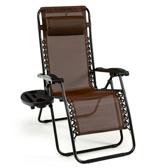 Resenkos Outdoor Folding Zero Gravity Reclining Lounge Chair with Utility Tray-Brown, Zero Gravity Lawn Lounge Chairs with Cup Holder, Reclining Folding Outdoor Chairs for Deck, Beach, Yard