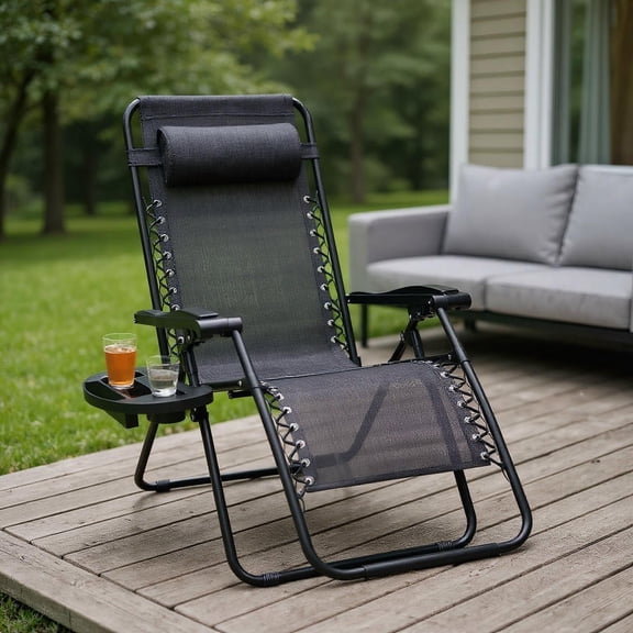 Resenkos Outdoor Folding Zero Gravity Reclining Lounge Chair with Utility Tray-Gray, Adjustable Zero Gravity Lounge Chair