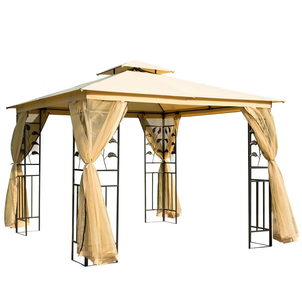 Resenkos Outdoor Garden Gazebo, Sunshade Gazebo Canopy,10' x 10' Double Roof Outdoor Gazebo Canopy Shelter with Netting,Beige