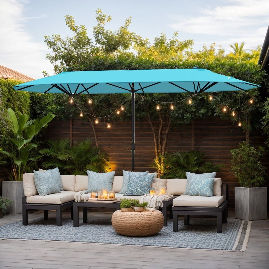 Resenkos Outdoor Garden Umbrella,Market Umbrella,13FT Double-sided Patio Umbrella with Solar Lights for Garden Pool Backyard-Turquoise