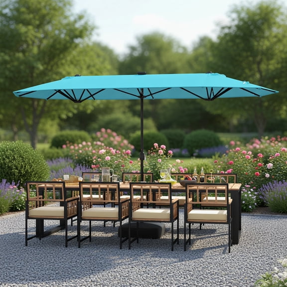 Resenkos Outdoor Garden Umbrella,Market Umbrella,13FT Double-sided Patio Umbrella with Solar Lights for Garden Pool Backyard-Turquoise