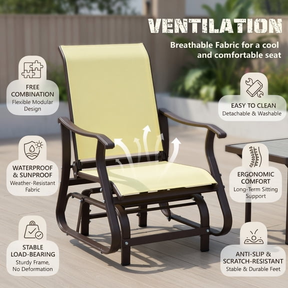 Resenkos Outdoor Glider Chair for Patio & Backyard – Powder-Coated Steel Frame, Breathable Beige Mesh Seat, 330 lb Capacity, Smooth Quiet Glide Motion