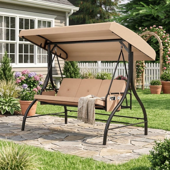 Resenkos Outdoor Gliding Seating for Backyard, Detachable Cushions Side Pockets 3-Person Patio Canopy Swing, Brown