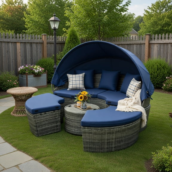 Resenkos Outdoor PE Wicker Round Daybed Set with Retractable Sun Canopy, Navy & Gray Cushions, Heavy-Duty Metal Frame  Patio Conversation Seating for Backyard, Poolside, Deck