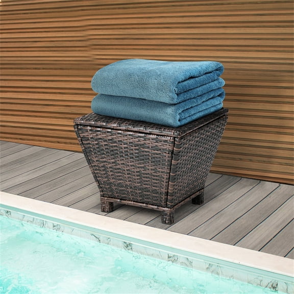 EDOEMSE Outdoor PE Wicker Side Table with Storage, Small Patio Storage Bin Container for Hose Cushion Towel, Brown