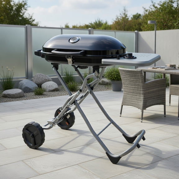 Resenkos Outdoor Patio Barbecue Cooker, Outdoor Grills,15000 BTU Portable Propane BBQ Grill with Wheels and Side Shelf-Black