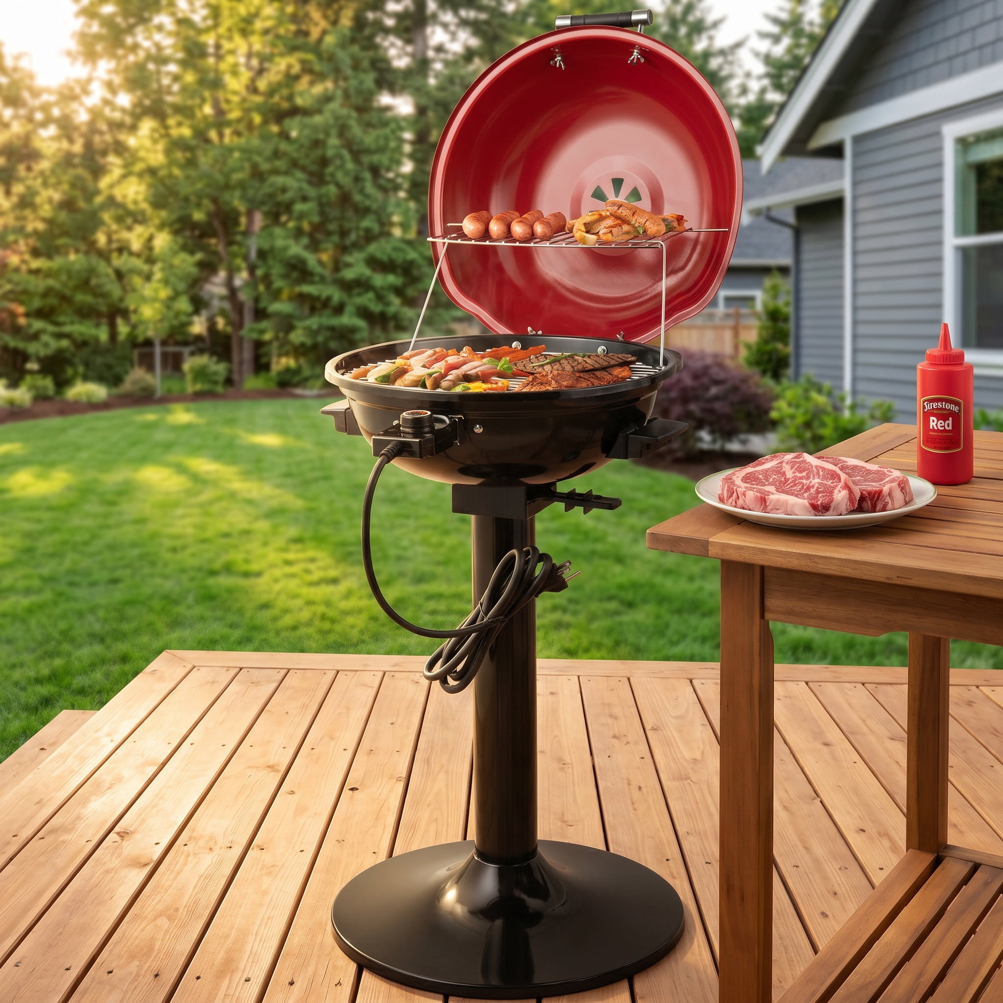 Resenkos Outdoor Patio Barbecue Cooker, Outdoor Grills,1600W Electric BBQ Grill with Removable Non-Stick Warming Rack-Red