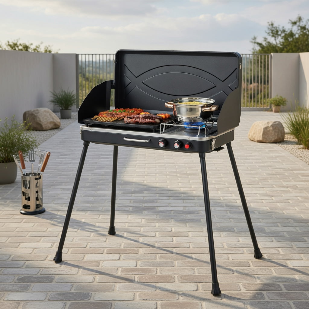Resenkos Outdoor Patio Barbecue Cooker, Outdoor Grills,2-in-1 Gas Camping Grill and Stove with Detachable Legs-Black