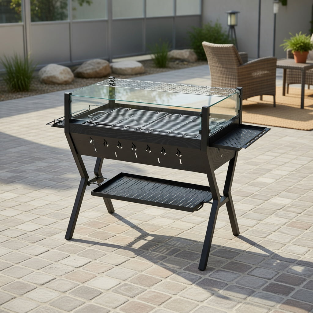 Resenkos Outdoor Patio Barbecue Cooker, Outdoor Grills,Barbecue Charcoal Grills with Wind Guard Seasoning Racks-Black