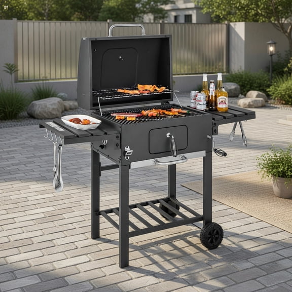 Resenkos Outdoor Patio Barbecue Cooker, Outdoor Grills,Outdoor BBQ Charcoal Grill with 2 Foldable Side Table and Wheels