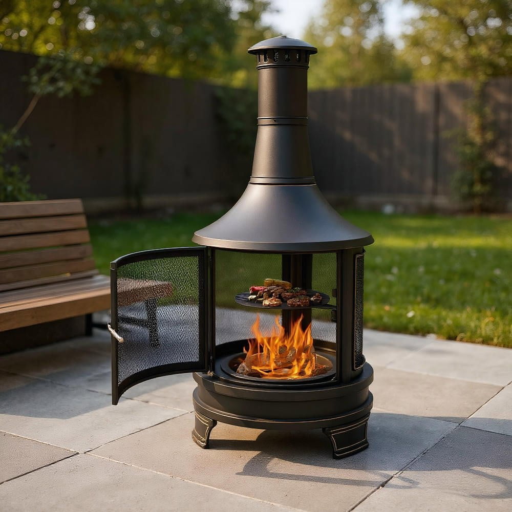 Resenkos Outdoor Patio Fire Pit, Outdoor Fire Basket,30 Inch Outdoor Fire Pit Chininea with Grill for Garden Backyard BBQ Bonfire Deck and Patio