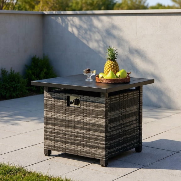 Resenkos Outdoor Patio Fire Pit Tables, Outdoor Fire Basket Tables,29 Inch Propane Rattan Firepit Table with Lava Rocks and Protective Cover-Gray
