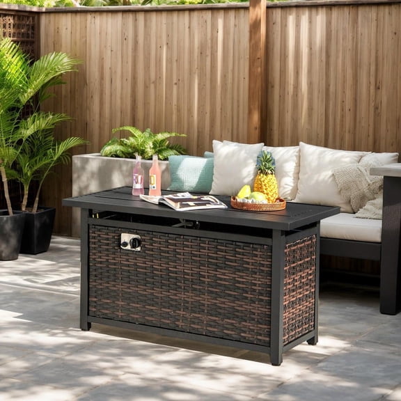 Resenkos Outdoor Patio Fire Pit Tables, Outdoor Fire Basket Tables,45 Inch Propane Rattan Firepit Table with Glass Stones and Protective Cover-Mixed Brown
