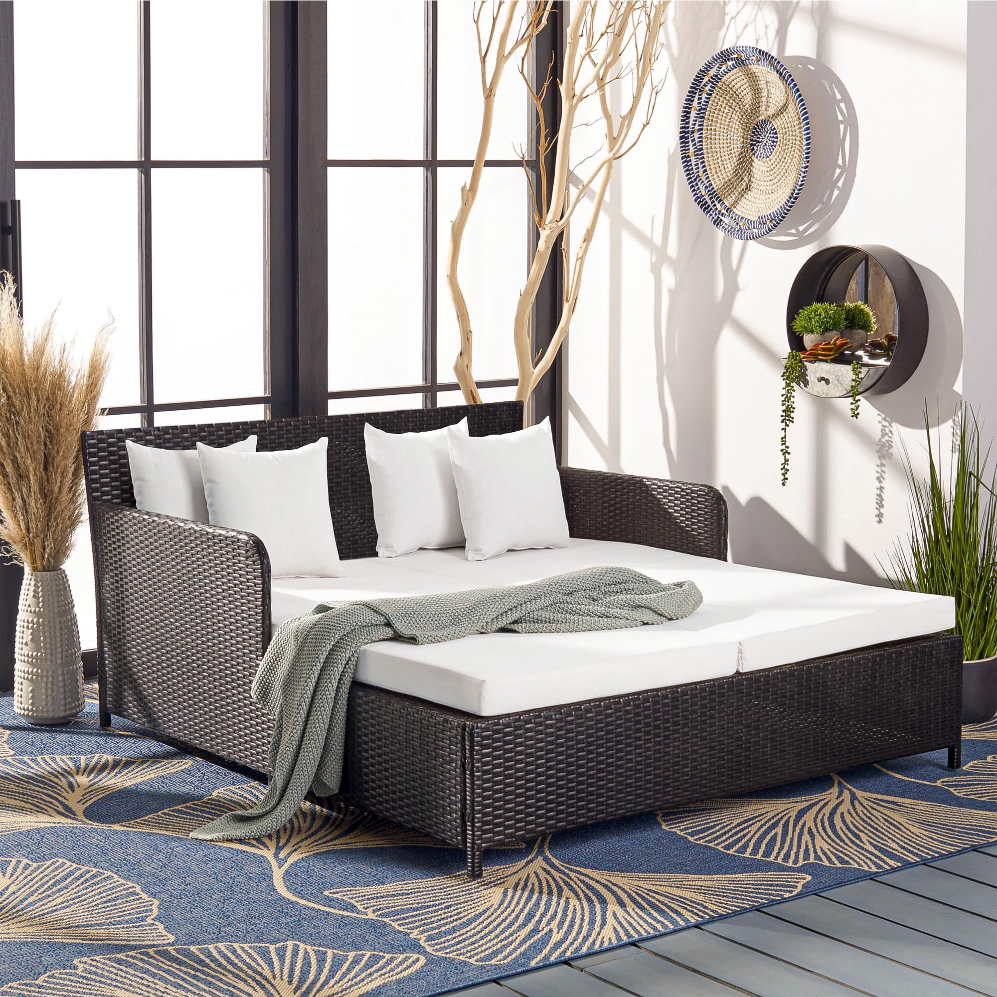 Resenkos Outdoor Patio Rattan Wicker Daybed Sectional Conversation Double Chaise Lounge, White Resistant Cushions Resenkos Outdoor Patio Rattan Wicker Daybed Sectional Conversation Double Chaise Lounge, White Resistant Cushions