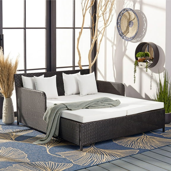 Resenkos Outdoor Patio Rattan Wicker Daybed Sectional Conversation Double Chaise Lounge, White Resistant Cushions