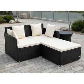 Resenkos Outdoor Patio Rattan Wicker Daybed Sectional Conversation Double Chaise Lounge, White Resistant Cushions
