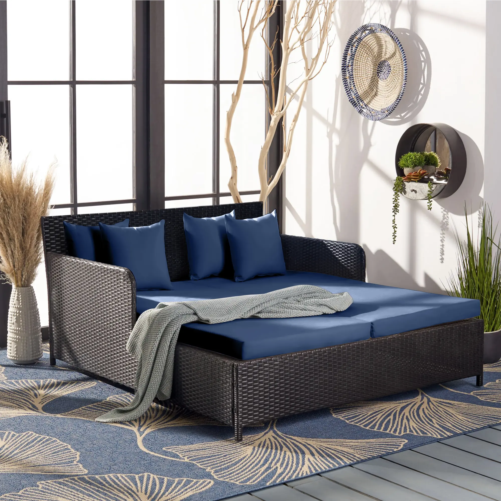 Resenkos Outdoor Patio Rattan Wicker Daybed Sectional Conversation Lounger Set, Navy Resistant Cushions Resenkos Outdoor Patio Rattan Wicker Daybed Sectional Conversation Lounger Set, Navy Resistant Cushions