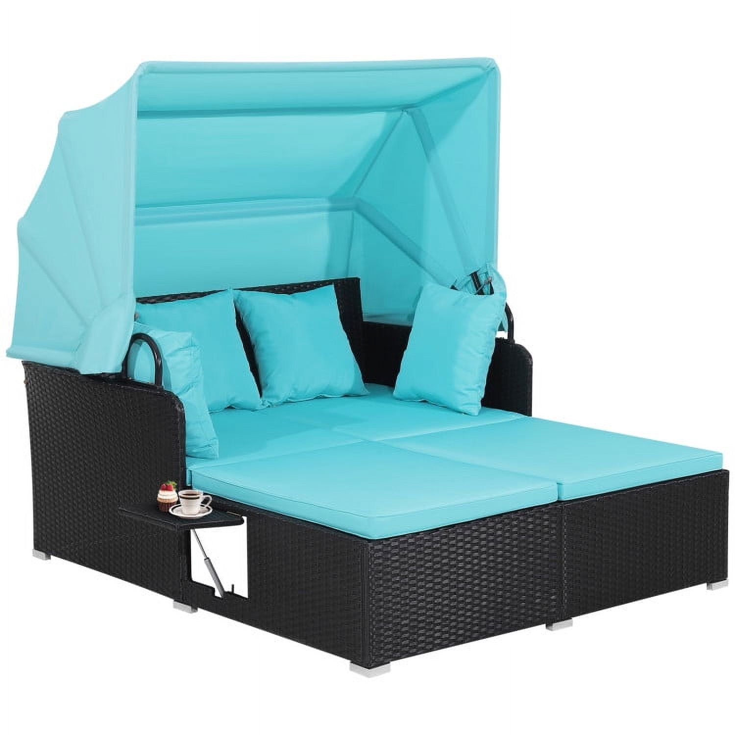 Resenkos Outdoor Patio Rattan Wicker Daybed Sectional Conversation Lounger Set with Retractable Canopy, Foldable Side Table, Turquoise Resistant Cushions