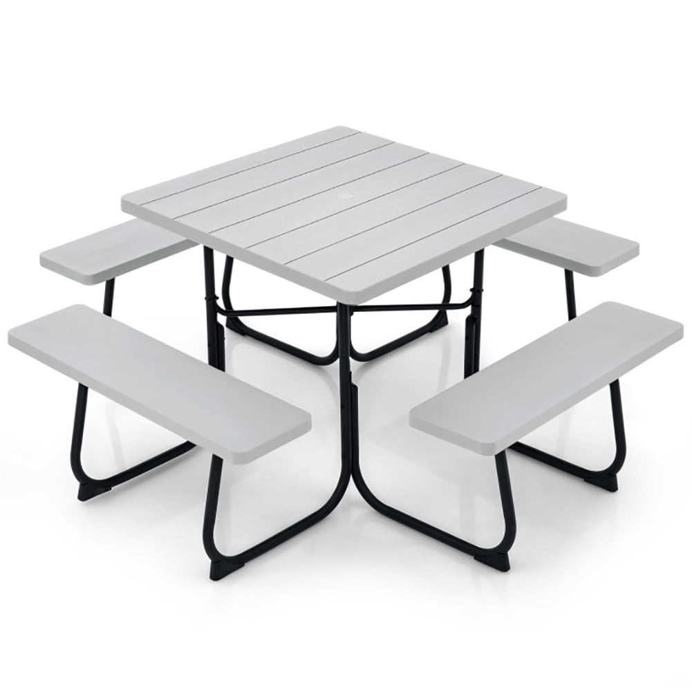 Resenkos Outdoor Picnic Table with 4 Benches and Umbrella Hole-Gray for Patio Back Deck, Balcany, Poolside