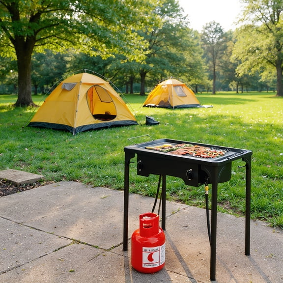 Resenkos Outdoor Propane Gas Camp Stove with Double Burner, High Pressure Cast Iron Cooking Burner for Outdoor Adventures, Black