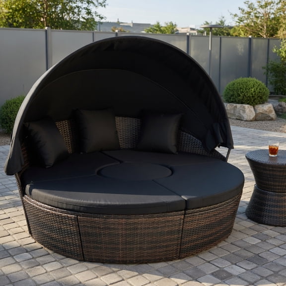 Resenkos Outdoor Rattan Daybed with Adjustable Retractable Canopy  Weather-Resistant Patio Lounge Set for Balcony, Poolside & Garden (Black, Turquoise, Off-White)