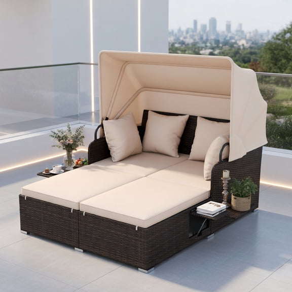 Resenkos Outdoor Rattan Daybed with Retractable Sun Canopy, Foldable Side Trays & Navy/Beige Cushions  Heavy-Duty PE Wicker Patio Lounger for Backyard, Poolside & Deck