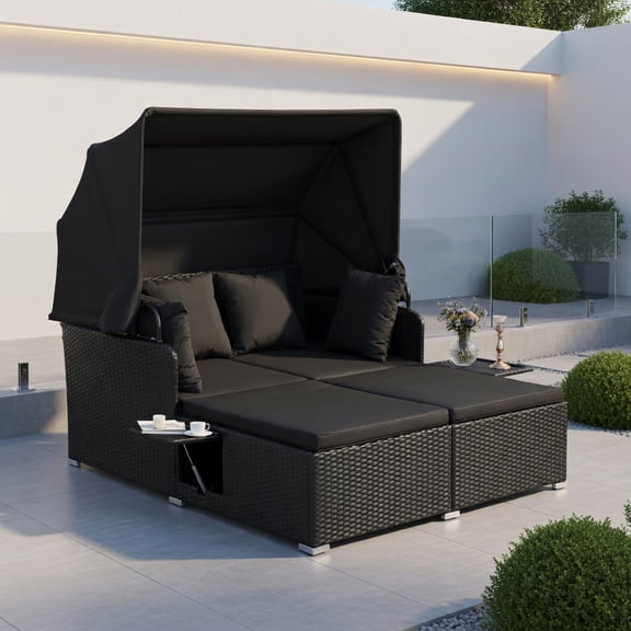 Resenkos Outdoor Rattan Daybed with Retractable Sun Canopy, Foldable Side Trays & Removable Cushions  Black PE Wicker Lounge for Patio, Poolside & Deck