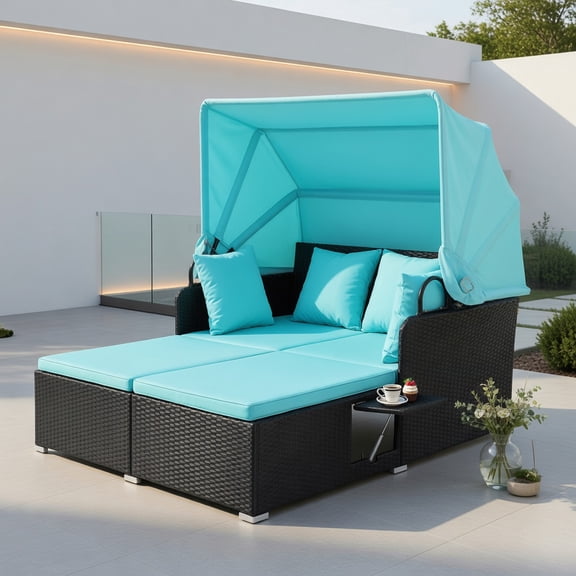 Resenkos Outdoor Rattan Daybed with Retractable Sun Canopy & Foldable Side Trays  Turquoise Cushions, PE Wicker Patio Lounger for Backyard, Poolside & Deck