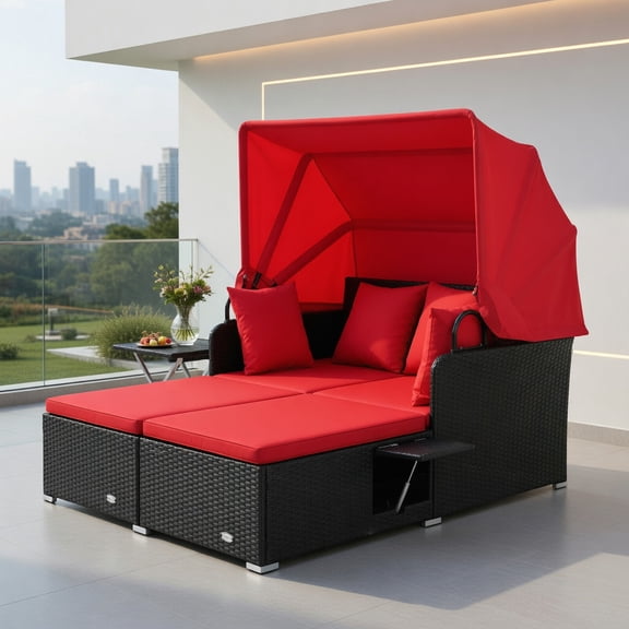 Resenkos Outdoor Rattan Daybed with Retractable Sun Canopy, Foldable Side Trays & Weather-Resistant Cushions  Red/Off-White/Turquoise/Navy/Beige/Mix Gray