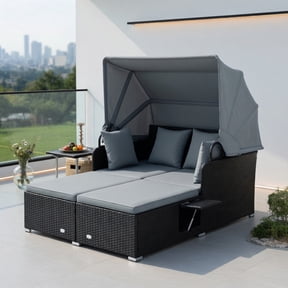 Resenkos Outdoor Rattan Daybed with Retractable Sun Canopy & Foldable Side Trays Gray PE Wicker, 800 lb Capacity, for Patio, Deck & Poolside