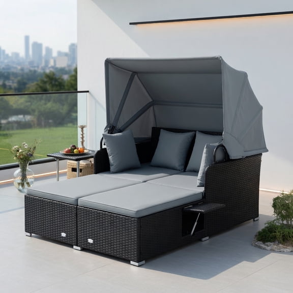 Resenkos Outdoor Rattan Daybed with Retractable Sun Canopy & Foldable Side Trays  Gray PE Wicker, 800 lb Capacity, for Patio, Deck & Poolside