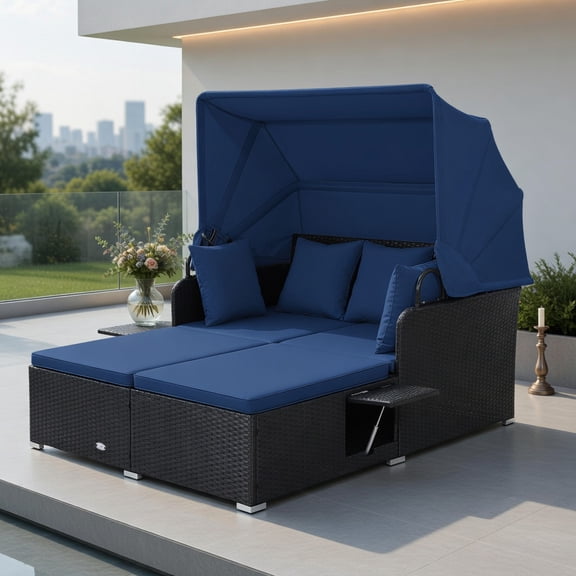 Resenkos Outdoor Rattan Daybed with Retractable Sun Canopy & Foldable Side Trays  Navy Blue, All-Weather PE Wicker Lounge for Patio, Deck, Poolside