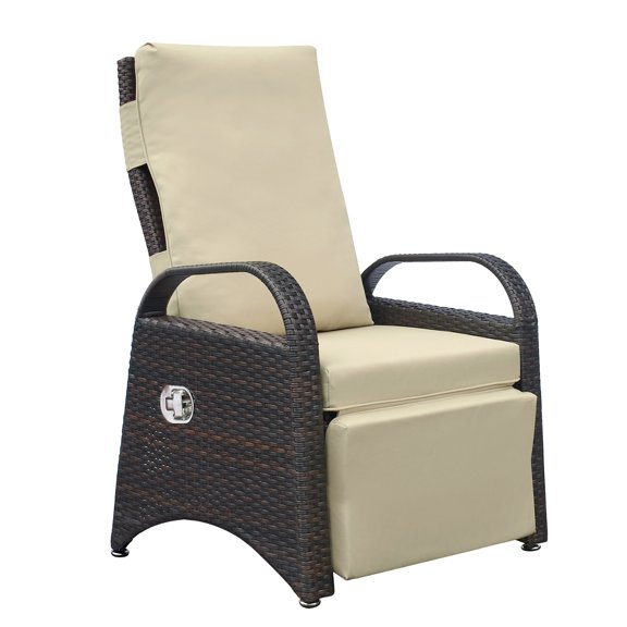 Resenkos Outdoor Recliner Chair,PE Wicker Adjustable Reclining Lounge Chair and Removable Soft Cushion, Modern Gravity Chairs for Home, Sunbathing or Relaxation (Khaki)