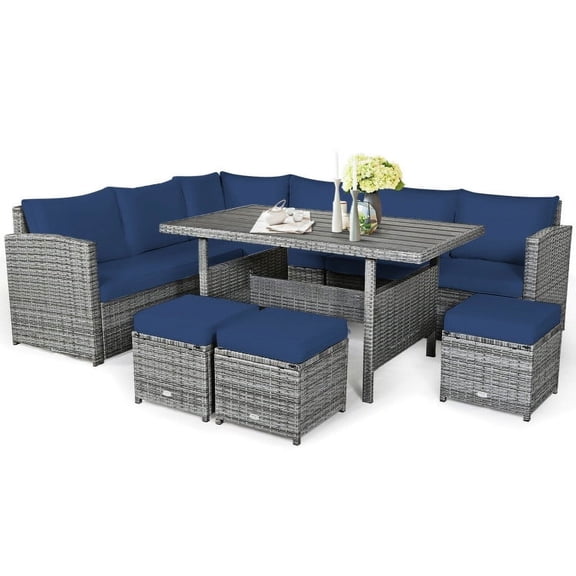 Resenkos Outdoor Sectional Patio Furniture 7 Pieces Set with Dining Table, Wicker Patio Conversation Set Navy Cushions