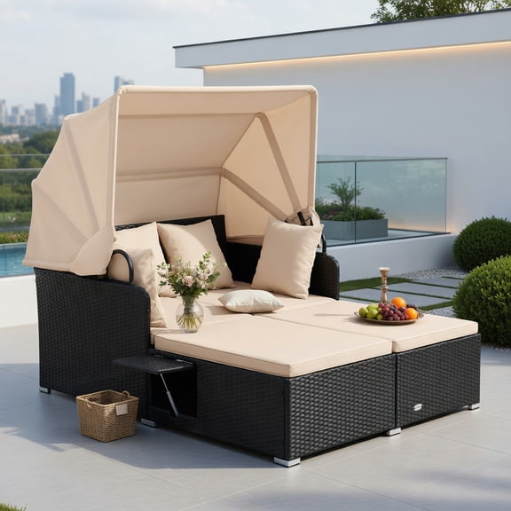 Resenkos Outdoor Wicker Daybed with Adjustable Retractable Canopy, Foldable Side Trays & Removable Cushions  Beige, Navy, Turquoise, Red, Off-White, Gray Options