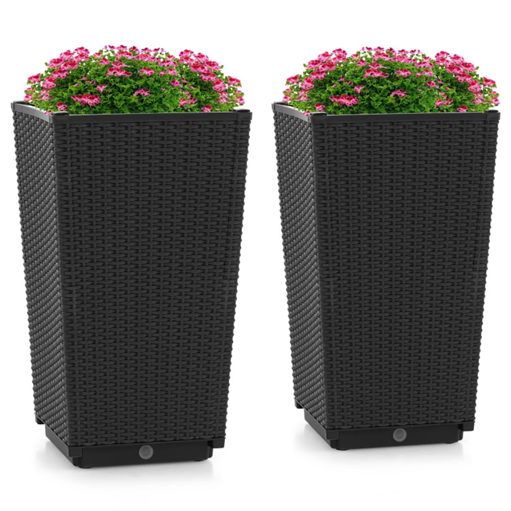 Tall Black Wicker Outdoor Flower Pots with Self-Watering Tray